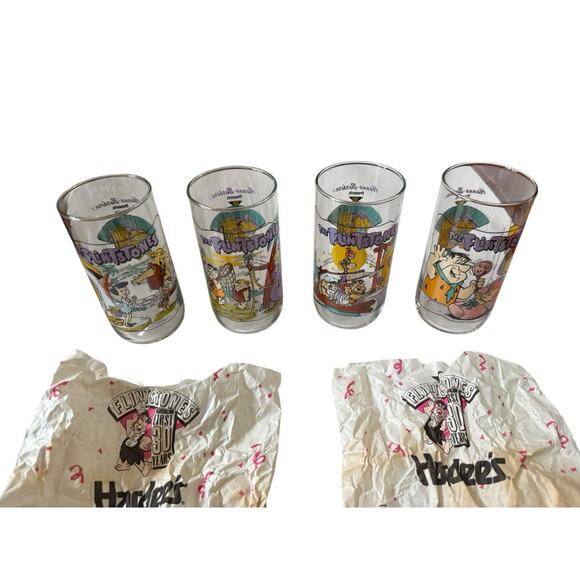 VTG 1991 The Flintstones Hardees Glasses + 2 Original Bags 30 Years Complete Set - Picture 3 of 5